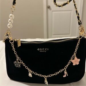 Gucci Vip Black Velvet Clutch with Gold Chain and Charms